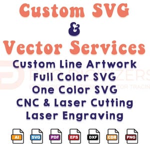 May include: Custom SVG and Vector Services.  This graphic shows a variety of file formats offered, including AI, SVG, PDF, EPS, DXF, CDR, and PNG.
