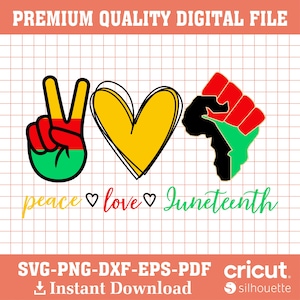 May include: Digital file with a peace sign, yellow heart, and a fist over the African continent, in red, green, and black. The words "peace", "love", and "Juneteenth" are written below. The file is available for instant download.