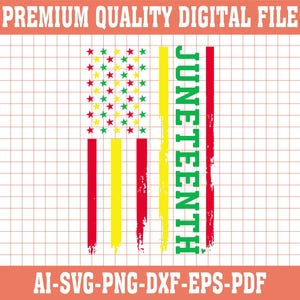 Puede incluir: Un diseño de archivo digital de una bandera estadounidense roja, amarilla y verde con la palabra "JUNETEENTH" escrita verticalmente en letras verdes. La bandera está estilizada con un efecto de pincelada desgastada.