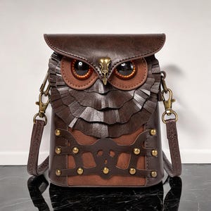 Handmade Steampunk Owl Shoulder Bag – Leather Handmade Animal Crossbody Purse for Festival, Cosplay Ren Fair