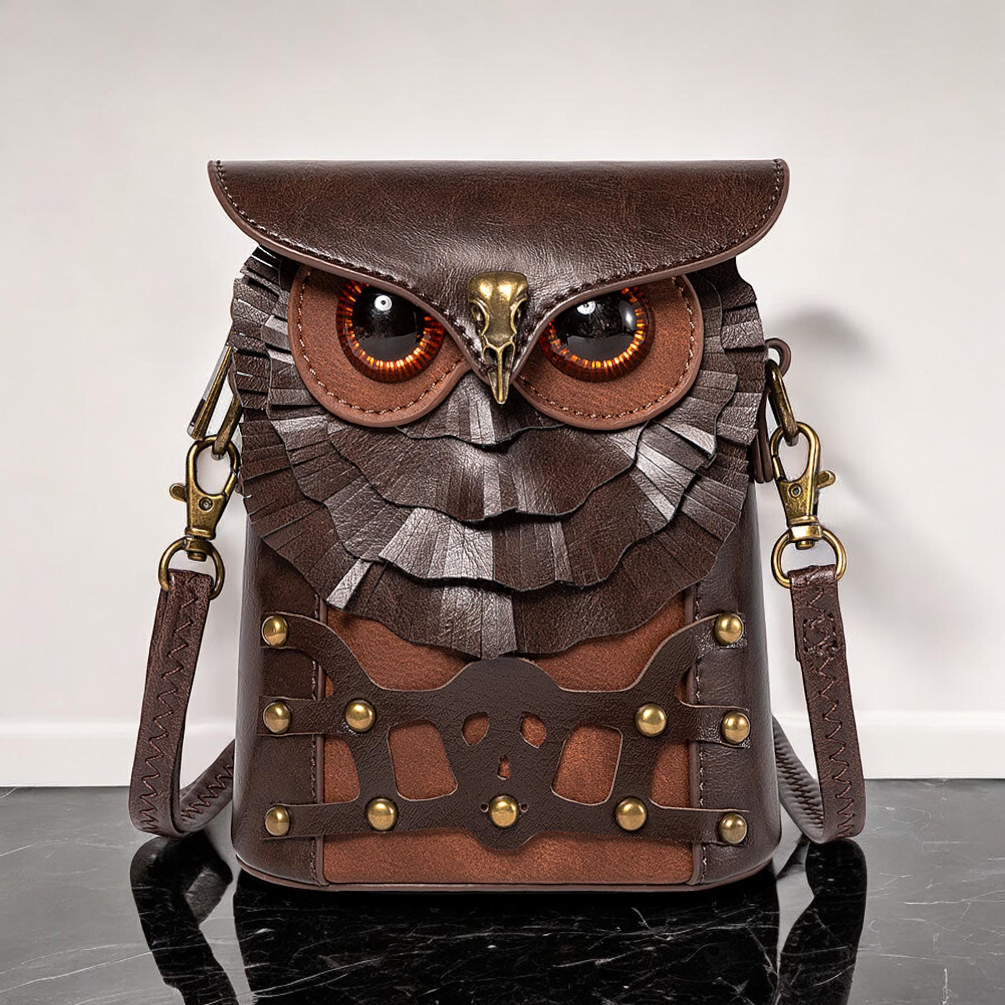 Handmade Steampunk Owl Shoulder Bag &ndash; Leather Handmade Animal Crossbody Purse for Festival, Co