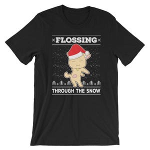 Flossing Cat T-Shirt Ugly Christmas Sweater Floss Tee Kitten Cat With Santa Claus Hat Unisex Men Women Kids Holiday Gift Idea