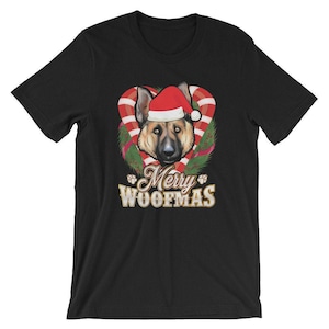 Merry Woofmas shirt Duitse herdershond - hond met kerstman hoed grappig T-shirt - grafisch T-shirt met korte mouw cadeau voor hondenliefhebber