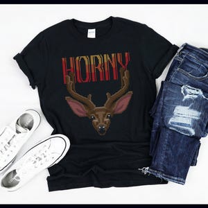 Short Sleeve Horny Reindeer Tee Shirt - Funny Naughty Nice Rudolph Trendy Shirt - Long Sleeve Crewneck Sweatshirt for Animal Lovers