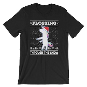Flossen eenhoorn T-shirt eenhoorn met kerstman hoed lelijke kersttrui Floss Like A Boss Tee Unisex vrouwen mannen kinderen vakantie cadeau idee