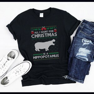Camiseta Hipopótamo de Natal | Quero um Hipopótamo de Natal | Presente de Natal de Hipopótamo | Camiseta | Regata | Moletom | Moletom com capuz