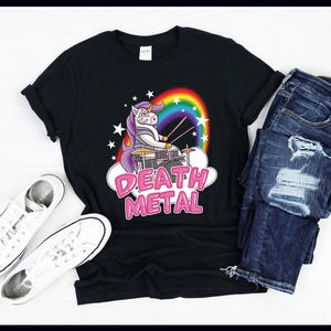 Short Sleeve Death Metal Pink Unicorn T Shirt - Comfort Colors Drums Unicorns Graphic Tee Shirt - Top Selling Funny T Shirt for Women