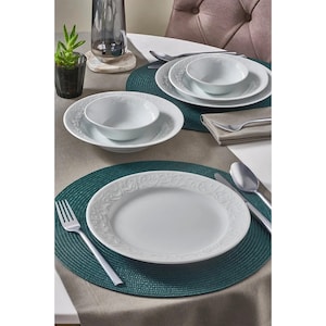 18-Piece White Embossed Porcelain Dinnerware Set | Elegant Scroll Pattern Plates and Bowls for 6 | Microwave & Dishwasher Safe
