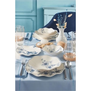 24-Piece Elegant Bone China Dinnerware Set | Floral Bird Design Plates & Bowls for 6 | Dishwasher Safe Vintage Style