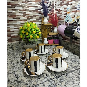 Black & Gold Turkish Coffee Cup Set: Sculptural Handle Espresso Cups