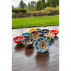 12-Piece Ceramic Snack Bowls with Traditional Turkish Floral Motif, Small Dip & Appetizer Serving Bowls, Hand-Painted