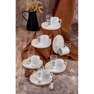 18-Piece Coffee Cup Set with Serving Plates & Coffee Side Glasses - 6 Person Ceramic Set for Coffee Lovers