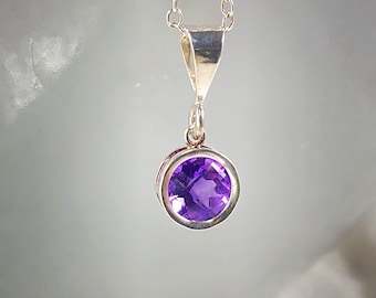 Amethyst Pendant Necklace, Sterling Silver, Checkerboard Cut Round