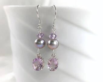 Pink Amethyst Earrings, Freshwater Pearls, Sterling Silver, Grey Cultured Pearls, Light Amethyst, Lavender Amethyst Earrings, Gemstones