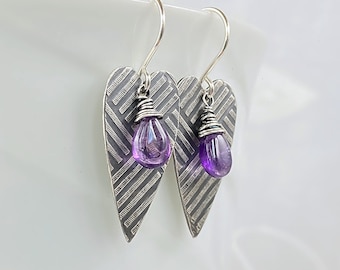 Amethyst Heart Earrings, Oxidized Sterling Silver