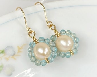 Pink Pearl Gold Earrings with Wire Wrapped Aqua Apatite