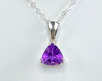 Amethyst Necklace, Sterling Silver, Trillion Cut Pendant