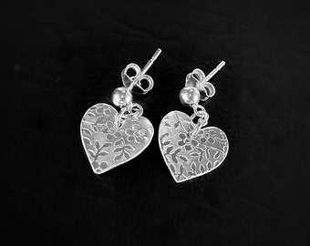 Silver Heart Post Earrings, Embossed Sterling Silver