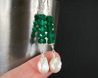 Green Onyx Earrings with Baroque Pearls in Sterling Silver