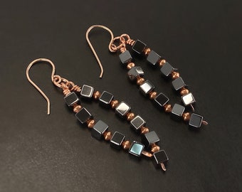 Hematite Cube Earrings, Copper, Rose Gold Ear Wires