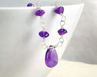 Amethyst Necklace, WIre Wrapped, Sterling Silver