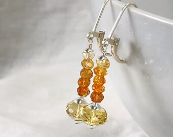 Citrine Earrings, Hessonite Garnets, Sterling Silver Leverback