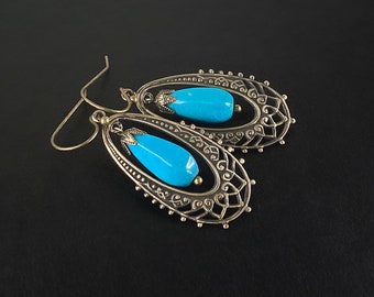 Turquoise Brass Earrings, Chalk Turquoise, Oxidized Brass
