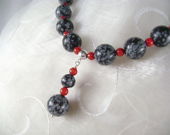 Snowflake Obsidian Necklace, Sterling Silver, Red Coral