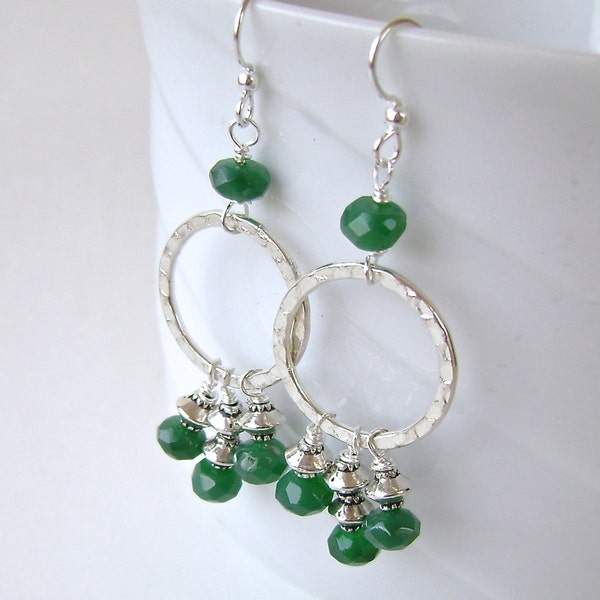 Green Onyx Earrings, Gemstone Jewelry, Chandelier Earrings, Silver Rings, Hammered, Silver, Pewter, Green, Kelly, Forest, Shamrock, 655