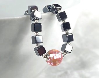 Hematite and Pink Mother of Pearl Necklace, Sterling Silver