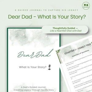Puede incluir: Una portada de diario verde y blanca con el texto "Querido papá - ¿Cuál es tu historia?" y "Guiado con atención - Como una conversación sincera con papá". El diario se titula "El diario guiado de un padre: Creando un legado a través de su historia de vida".