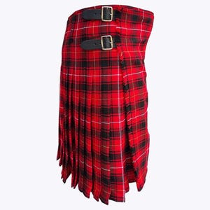 May include: A red tartan kilt with black and white checks, featuring pleats and two black leather straps with buckles. This traditional Scottish garment is a classic piece of Highland wear, often worn for formal occasions.