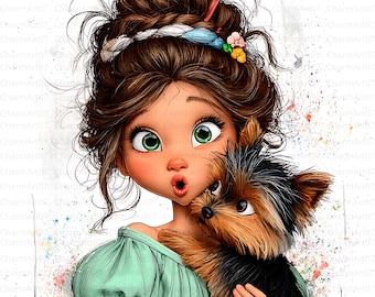 Imágenes prediseñadas de niñas y perros: ilustraciones en acuarela (descarga JPG)