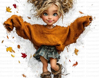 Autumn Girl Clipart, Watercolor Fall Leaves, Whimsical Ephemera (JPGs, Instant Download)