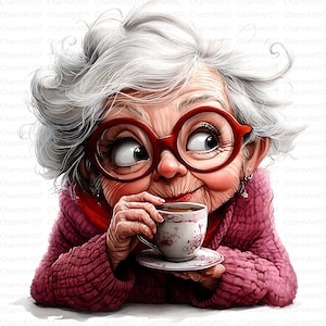 17 Senior Lady Drinking Coffee clipart ,quirky old ladies, High-Quality JPG, Printable Watercolor, Digital Craft, Junk Journal, Scrapbooking