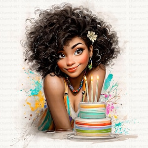 Black Birthday Girl Clipart Bundle: Watercolor Style (JPG Files, Digital Download