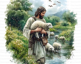 24 Jezus pasący owce Clipart, Wysokiej jakości pliki JPG, Jezus pasie owce, Pastoralna sztuka chrześcijańska, Clipart religijny, Jezus i owce