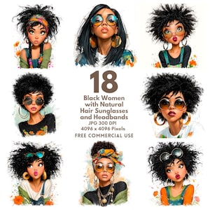 以下が含まれることがあります： 18人の黒人女性のイラスト。天然の髪、サングラス、ヘアバンドが描かれています。様々なスタイルとアクセサリーが特徴で、ファッションと美しさに焦点を当てています。画像には「18 Black Women with Natural Hair Sunglasses and Headbands」というテキストが含まれています。