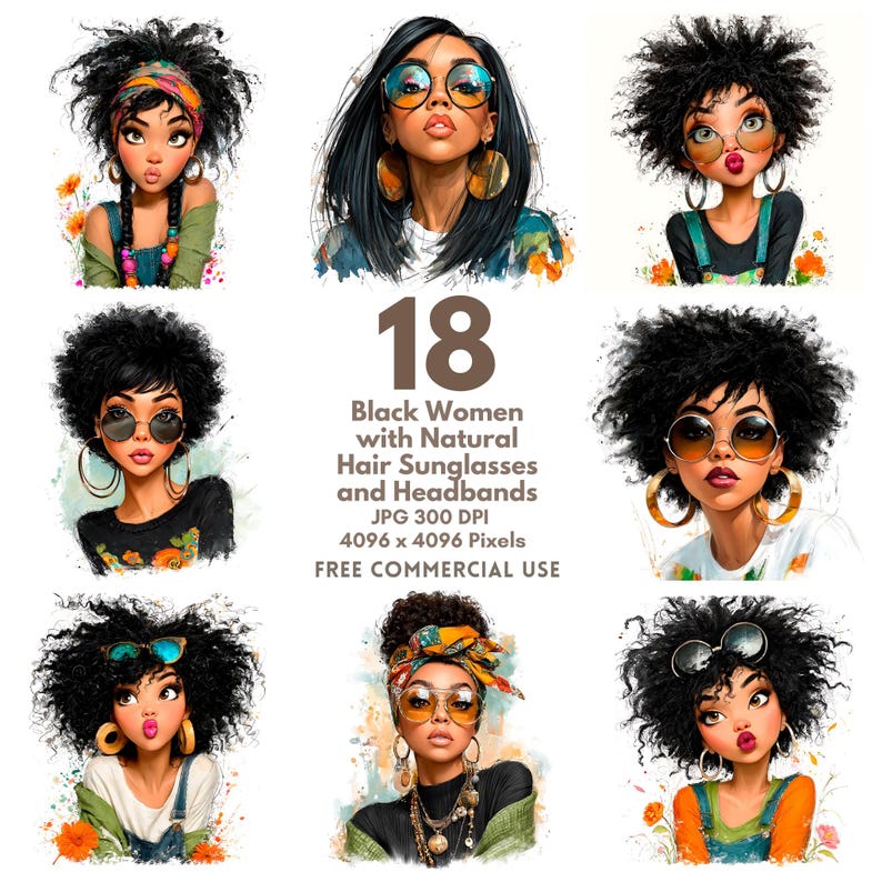 以下が含まれることがあります： 18人の黒人女性のイラスト。天然の髪、サングラス、ヘアバンドが描かれています。様々なスタイルとアクセサリーが特徴で、ファッションと美しさに焦点を当てています。画像には「18 Black Women with Natural Hair Sunglasses and Headbands」というテキストが含まれています。