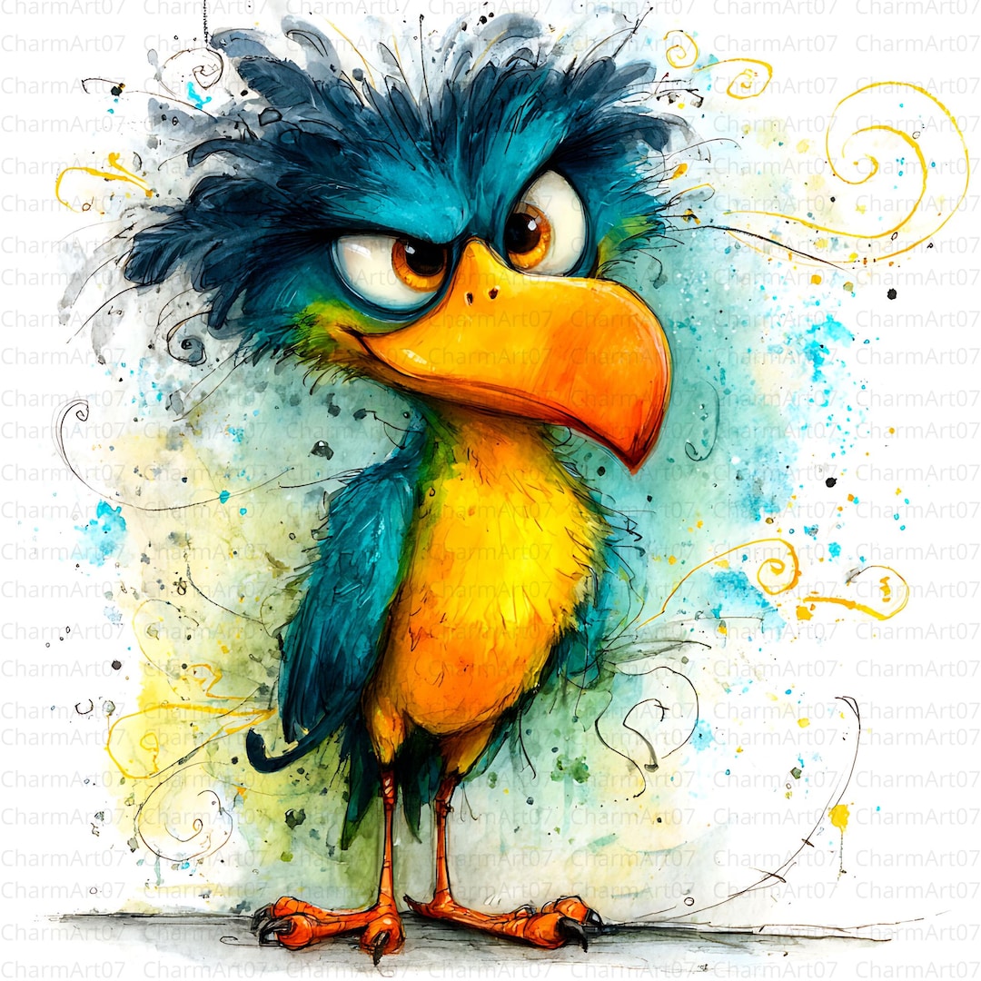 Whimsical Birds Clipart: Watercolor Style, Funny Bird Illustrations ...