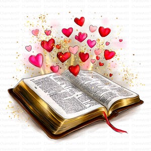 May include: An open book with gold edges and a red ribbon bookmark. Red and pink hearts float above the book, with gold glitter accents. The image has the text "CharmArt07" repeated in the background.
