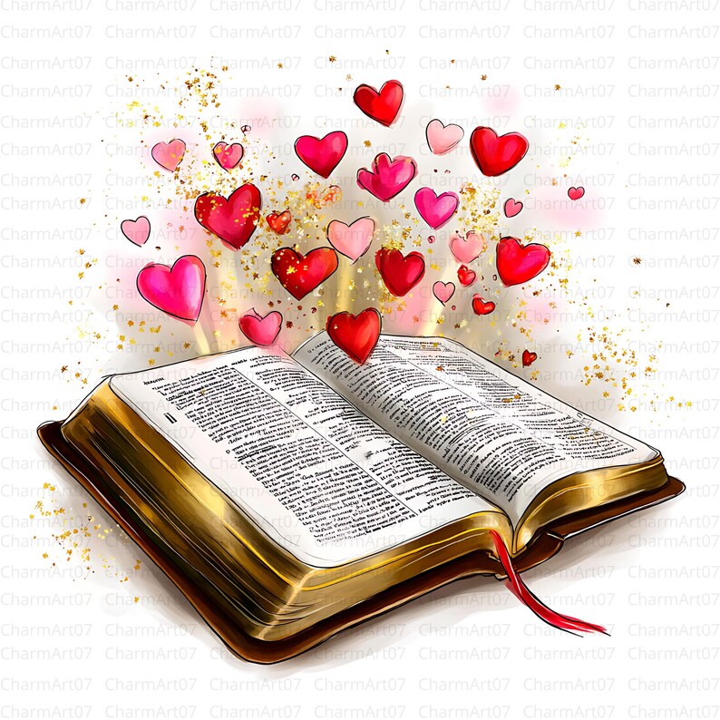 May include: An open book with gold edges and a red ribbon bookmark. Red and pink hearts float above the book, with gold glitter accents. The image has the text "CharmArt07" repeated in the background.