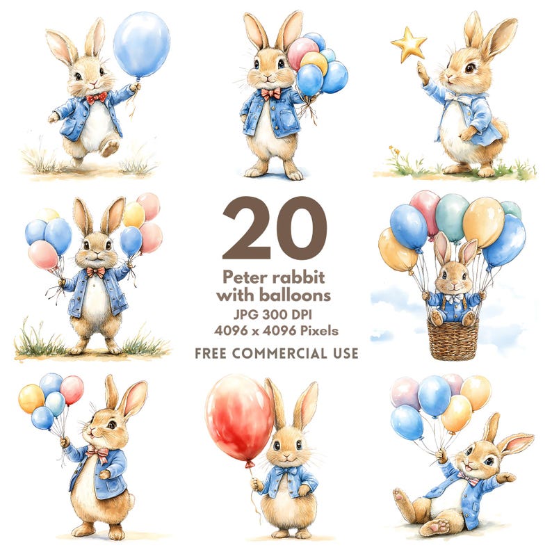 20 Peter Rabbit With Balloons, Beatrix Potter Style, High Quality JPG ...