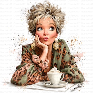 May include: A digital illustration of a person with short, spiky blonde hair, wearing a green and brown leopard print top and large gold textured earrings. The person has a hand to their chin and is positioned behind a white coffee cup.