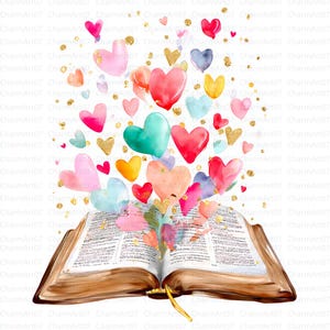 May include: An illustration of an open book with colourful hearts and gold glitter. The hearts, in shades of red, pink, blue, yellow, and green, burst from the pages. The book has a gold bookmark.