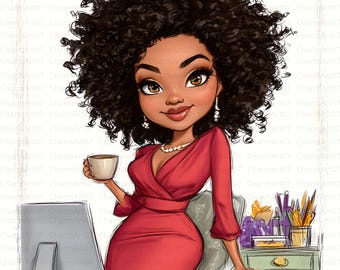 Black Girl Boss Clipart-Bundle: Lockiges Haar, Kaffee (JPG)