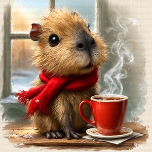 May include: A digital illustration of a capybara wearing a red scarf, sitting next to a red mug of coffee. Steam rises from the mug. The capybara has brown fur and large, dark eyes. The background shows a window with a snowy scene.