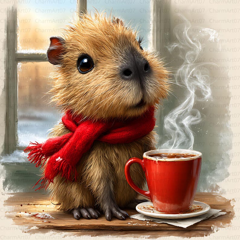 May include: A digital illustration of a capybara wearing a red scarf, sitting next to a red mug of coffee. Steam rises from the mug. The capybara has brown fur and large, dark eyes. The background shows a window with a snowy scene.