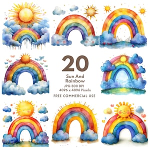 20 Sun And Rainbow Clipart, Nursery Rainbow, Printable Watercolor clipart, High Quality JPGs, Digital download, Paper craft, junk journal
