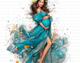 Paquete de 24 imágenes prediseñadas de mujeres embarazadas en acuarela: corona floral, madre y bebé (descarga digital) JPG